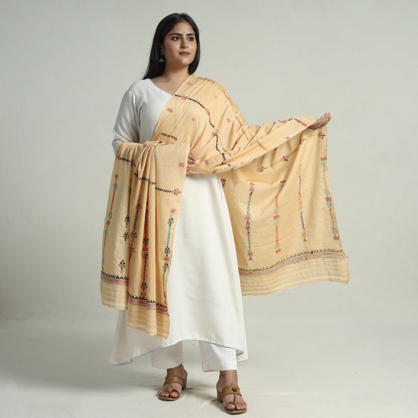 Beige - Bengal Kantha Embroidery Silk Cotton Dupatta 06