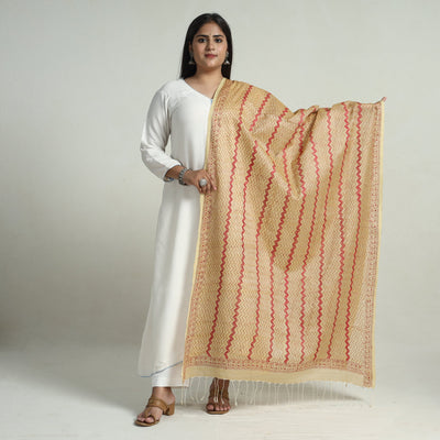 Buy Bengal Kantha Embroidery Tussar Silk Cotton Handloom Dupatta with Tassels 23 Online at iTokri.com