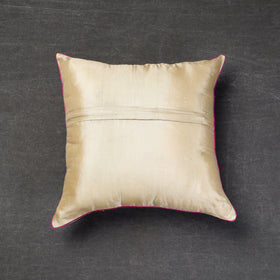 Beige Bengal Kantha Embroidery Tussar Silk Cushion Cover