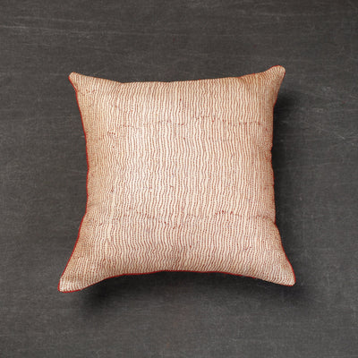 Beige Bengal Kantha Embroidery Tussar Silk Cushion Cover