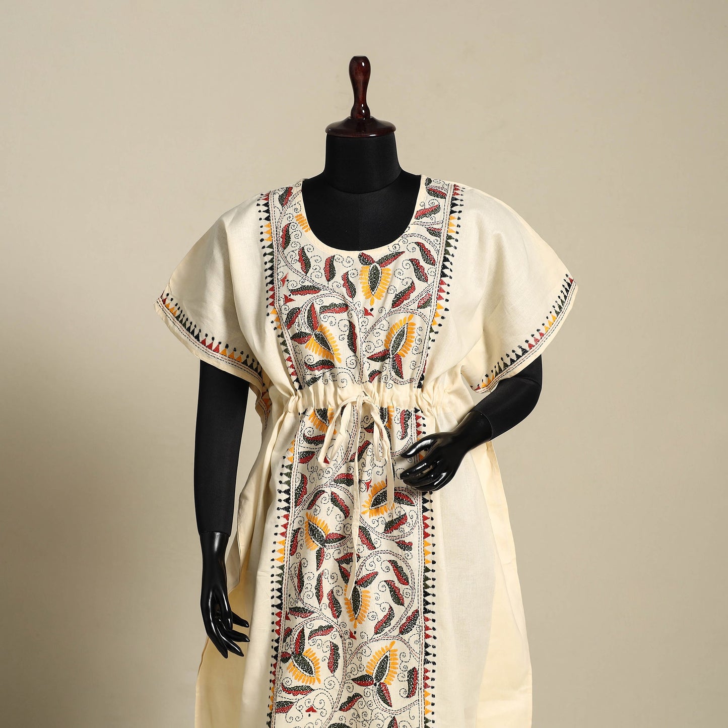 Beige - bengal kantha hand embroidery cotton kaftan (long)