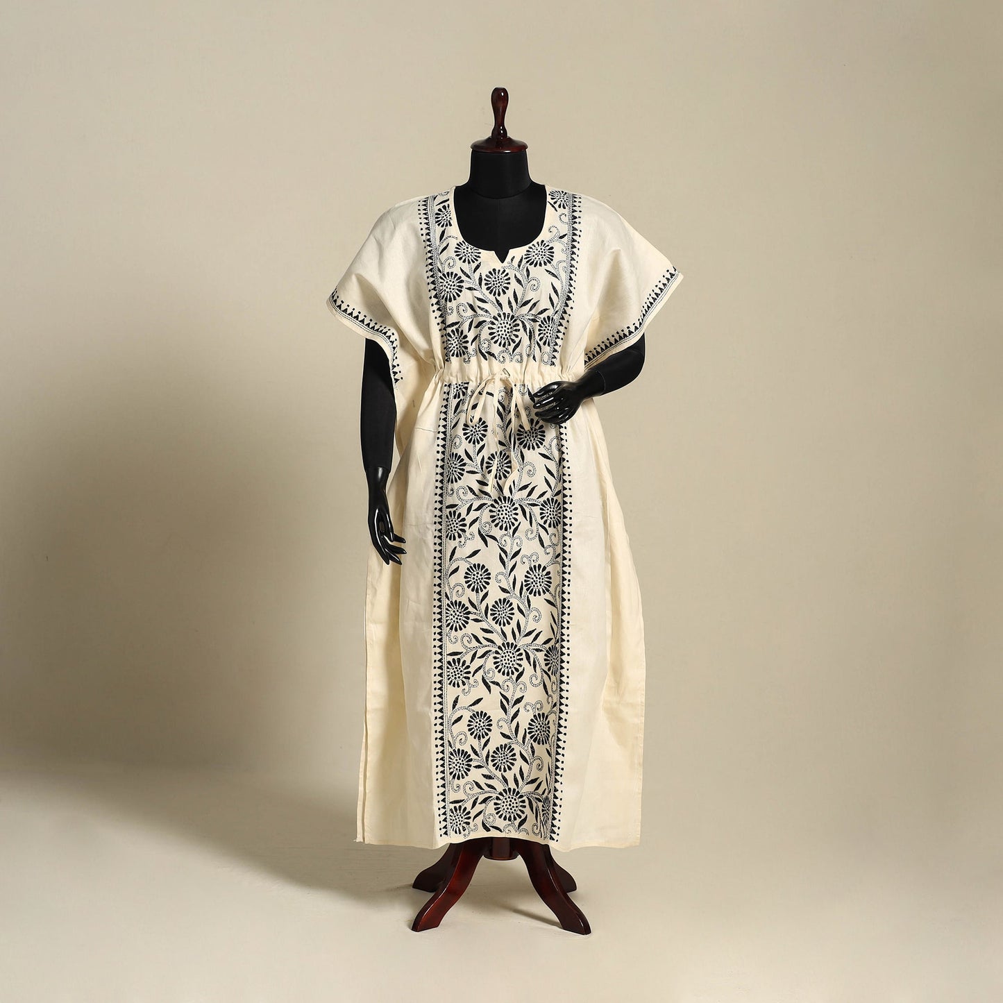 Beige - bengal kantha hand embroidery cotton kaftan (long)