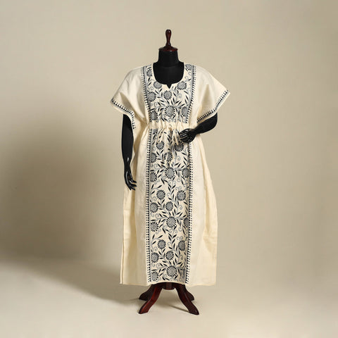 Beige - bengal kantha hand embroidery cotton kaftan (long)