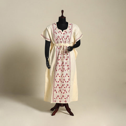 Beige Bengal Kantha Hand Embroidery Cotton Kaftan (Long) 