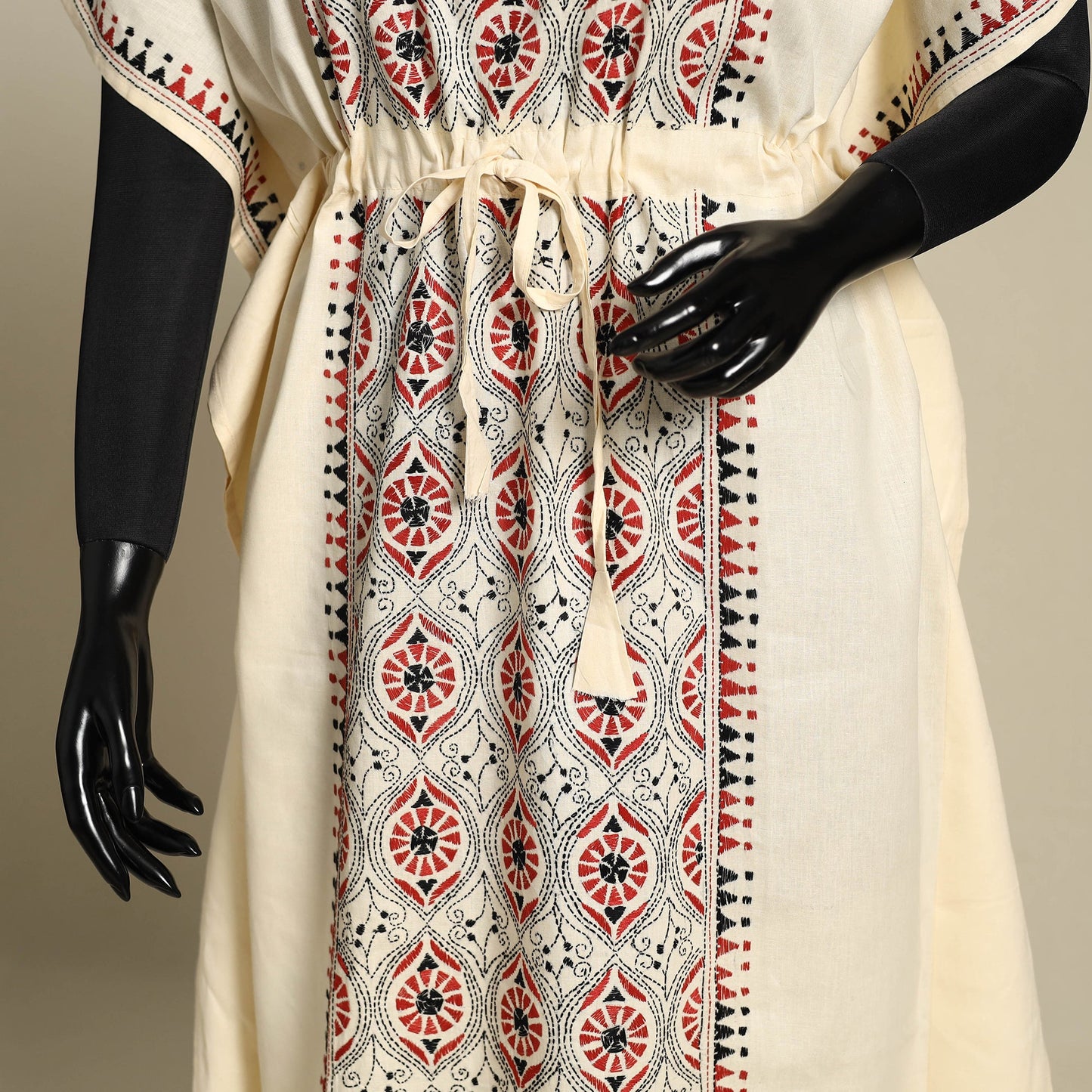 Beige Bengal Kantha Hand Embroidery Cotton Kaftan (Long) 