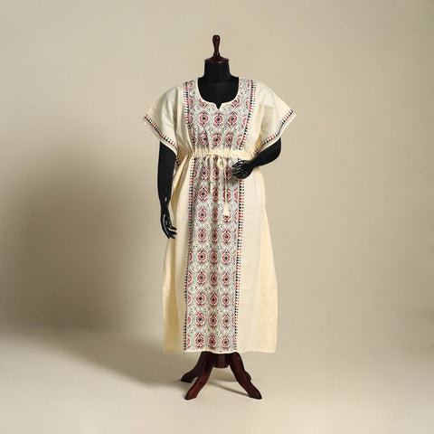 Beige Bengal Kantha Hand Embroidery Cotton Kaftan (Long) 