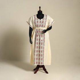 Beige Bengal Kantha Hand Embroidery Cotton Kaftan (Long) 