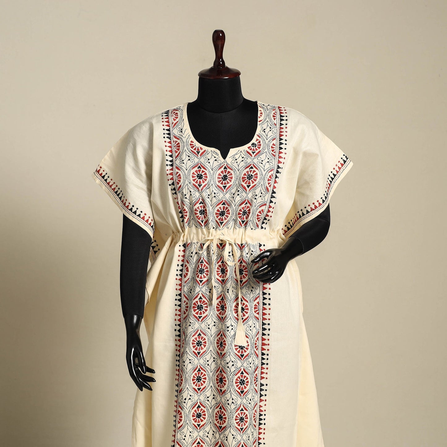 Beige Bengal Kantha Hand Embroidery Cotton Kaftan (Long) 