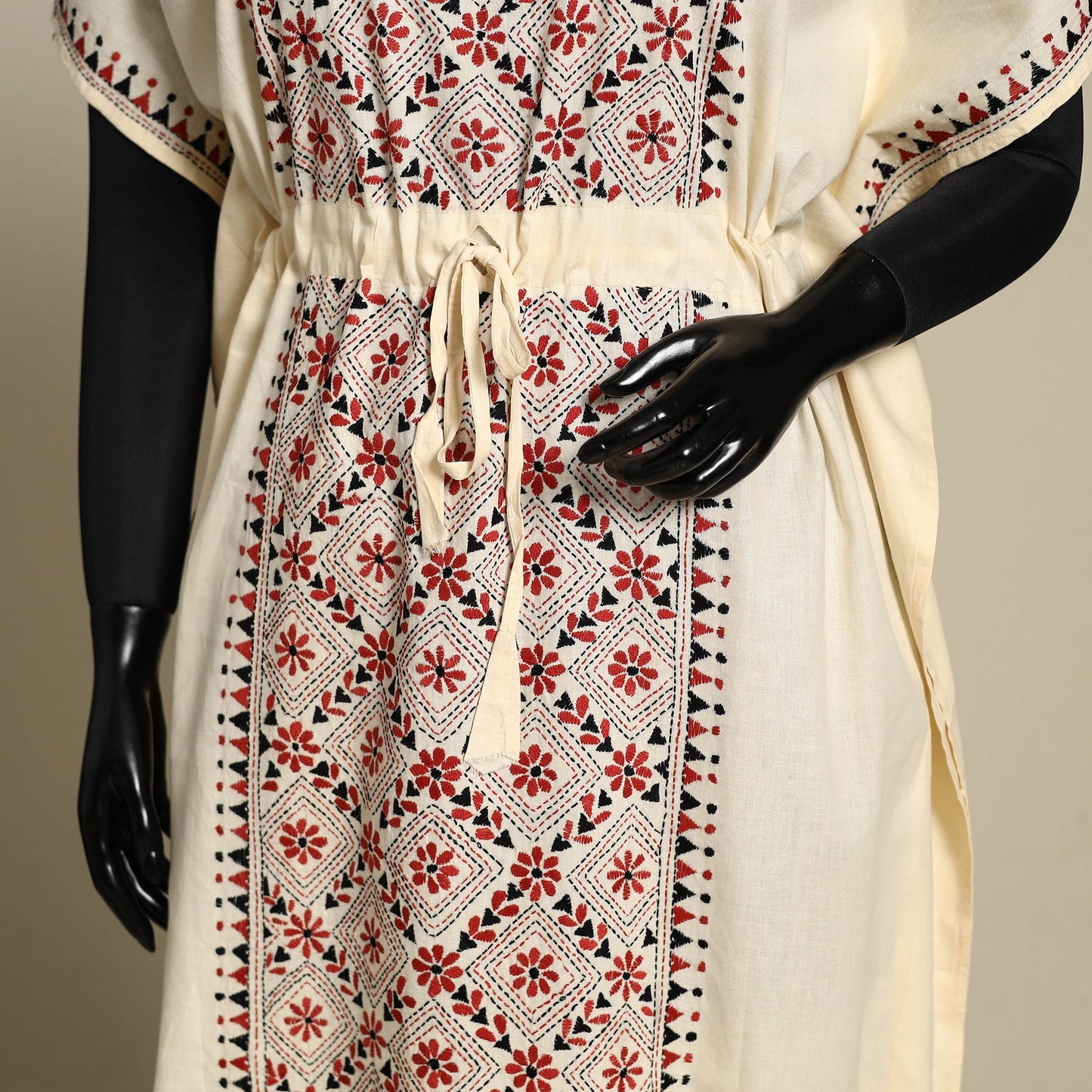 Beige Bengal Kantha Hand Embroidery Cotton Kaftan (Long) 