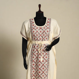 Beige Bengal Kantha Hand Embroidery Cotton Kaftan (Long) 