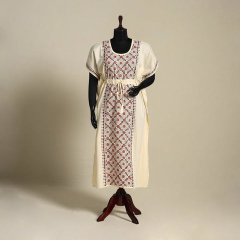 Beige Bengal Kantha Hand Embroidery Cotton Kaftan (Long) 