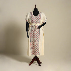 Beige Bengal Kantha Hand Embroidery Cotton Kaftan (Long) 