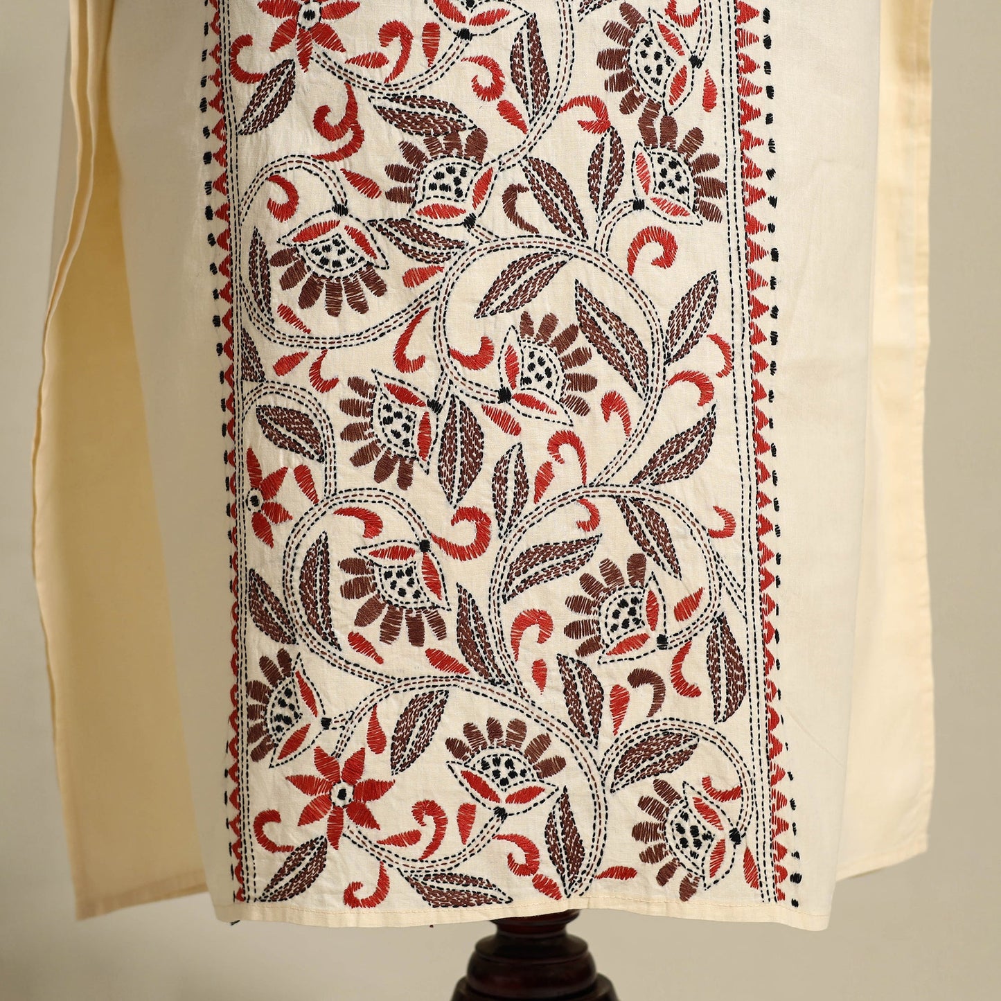 Beige Bengal Kantha Hand Embroidery Cotton Kaftan (Long) 