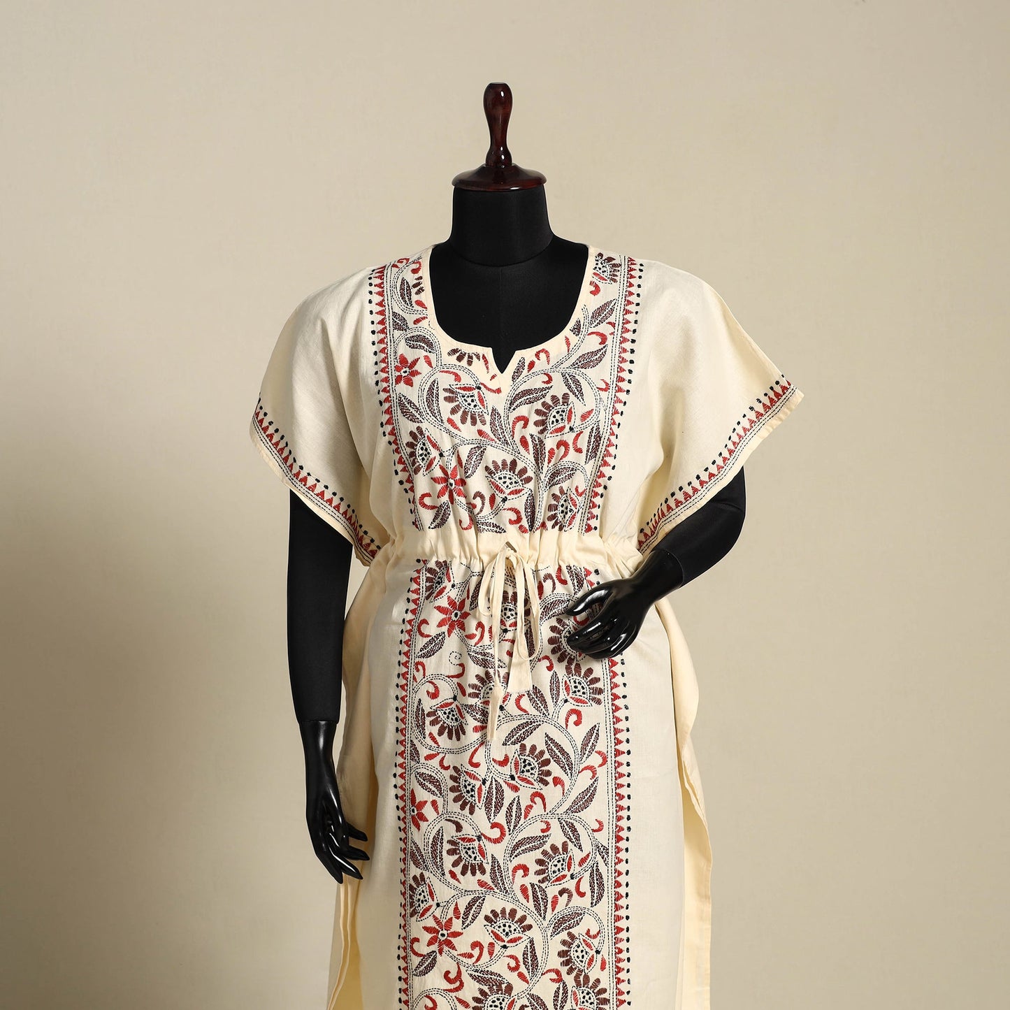 Beige Bengal Kantha Hand Embroidery Cotton Kaftan (Long) 