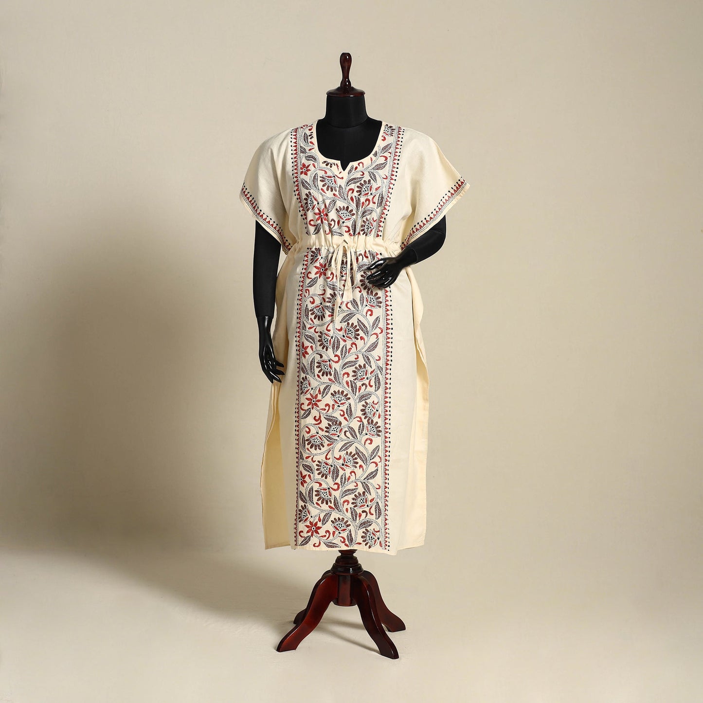 Beige Bengal Kantha Hand Embroidery Cotton Kaftan (Long) 