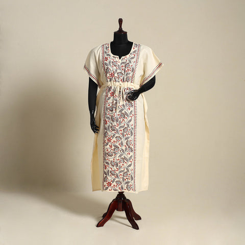 Beige Bengal Kantha Hand Embroidery Cotton Kaftan (Long) 