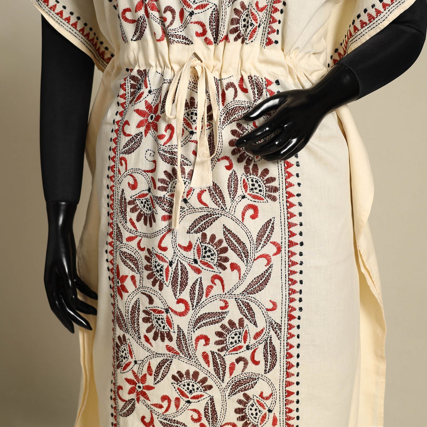 Beige Bengal Kantha Hand Embroidery Cotton Kaftan (Long) 