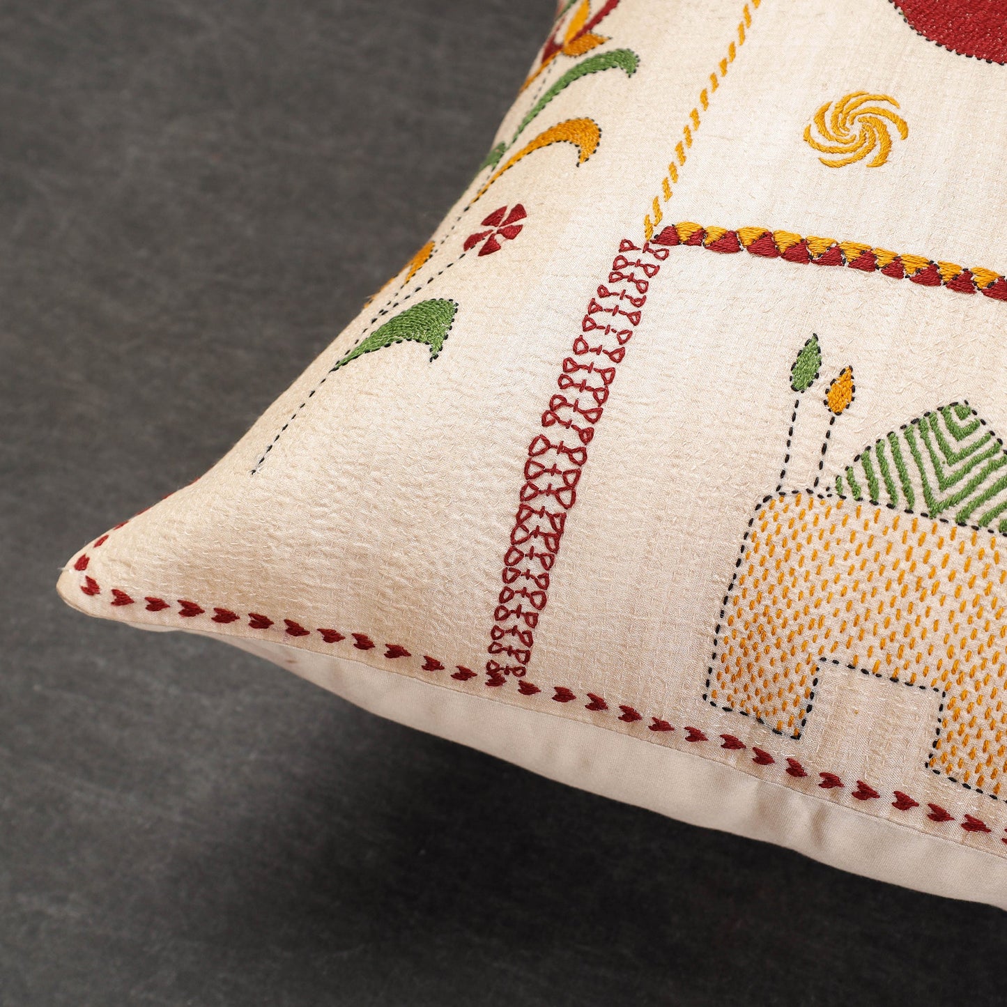  Bengal Kantha Embroidery Mulberry Tussar Silk Cushion Cover 