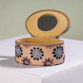 Beige Bengal Kantha Work Handcrafted Oval Jewelry Box with Mirror 