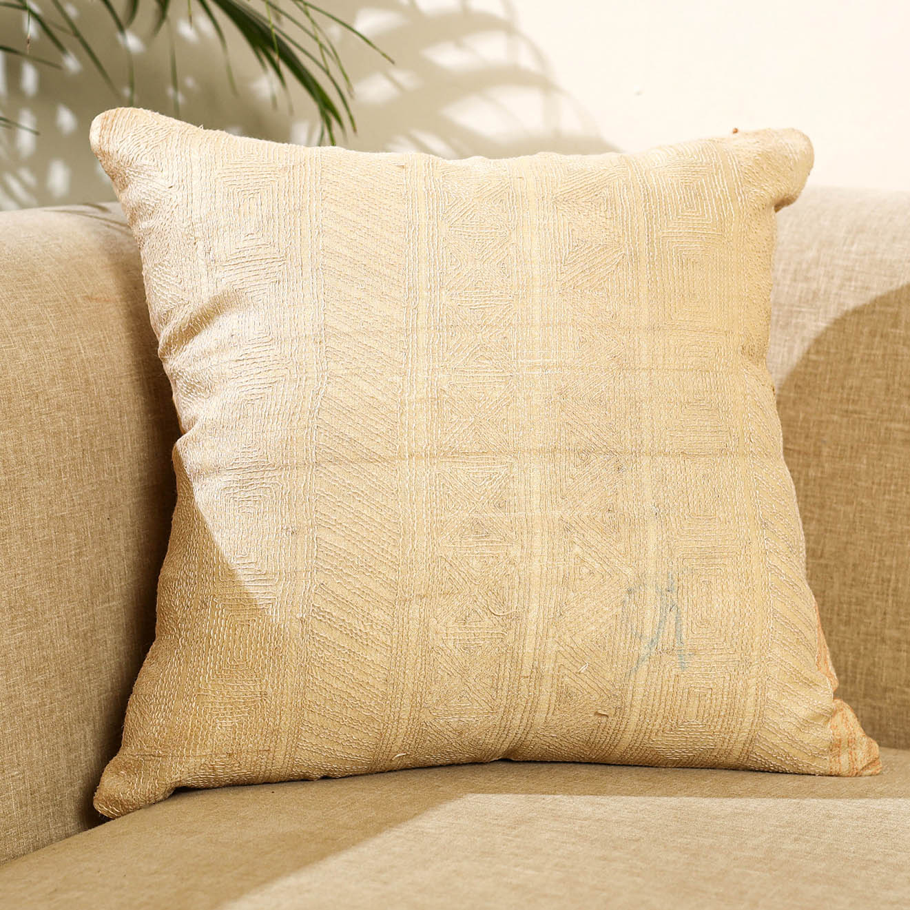 Buy Beige Bengal Kantha Work Reversible Silk Cushion Cover