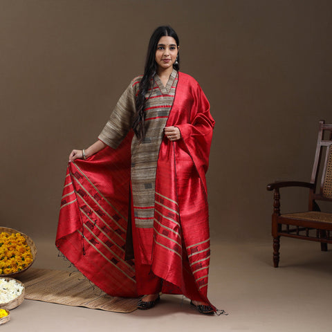 Beige Bhagalpuri Handloom Tussar Silk Suit Set