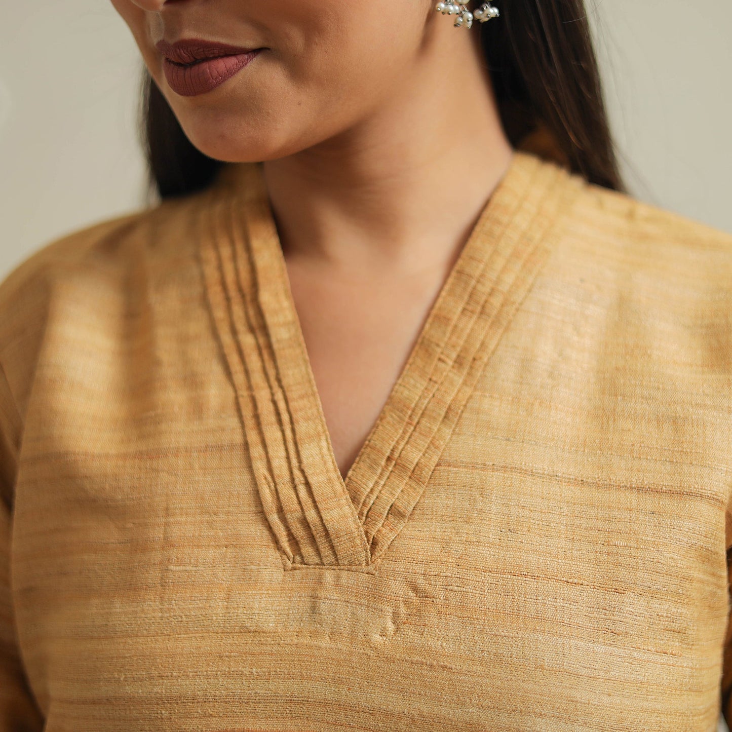 Beige Bhagalpuri Handwoven Desi Tussar Silk Plain Kurta for Women