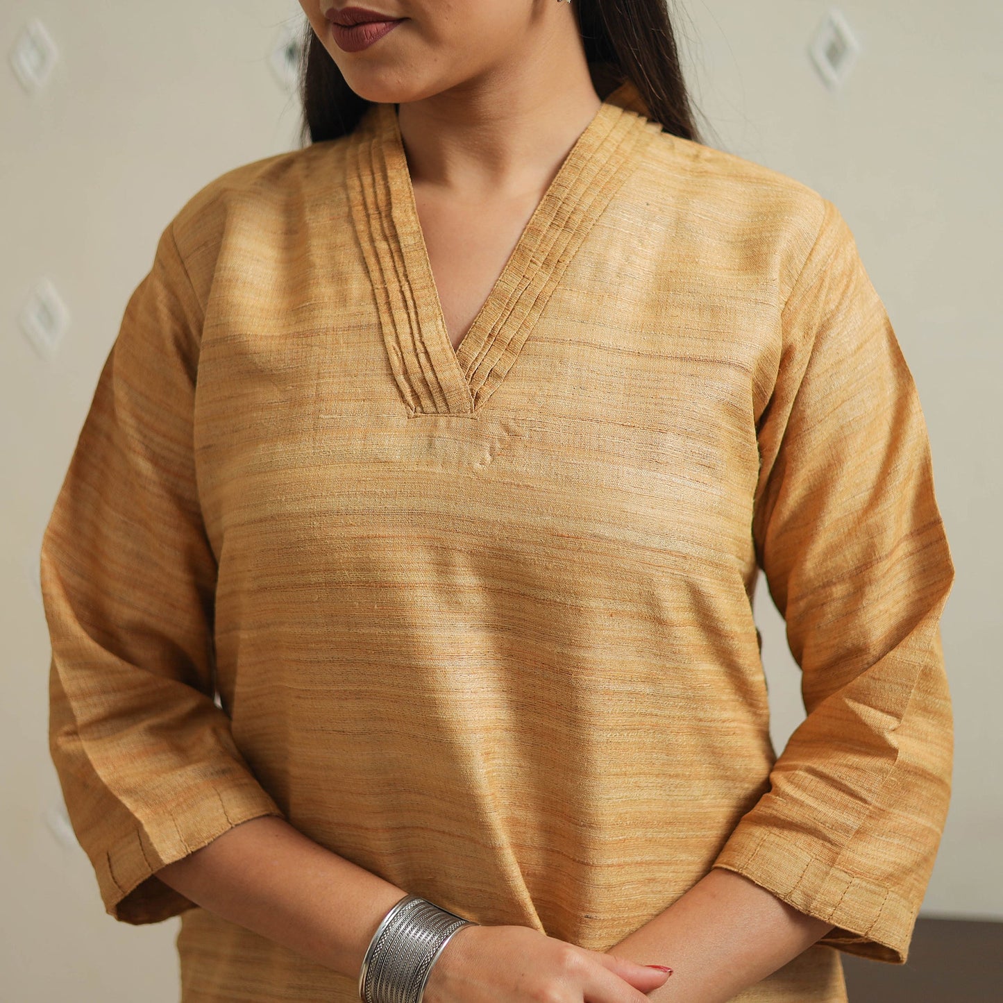 Beige Bhagalpuri Handwoven Desi Tussar Silk Plain Kurta for Women