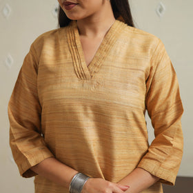 Beige Bhagalpuri Handwoven Desi Tussar Silk Plain Kurta for Women