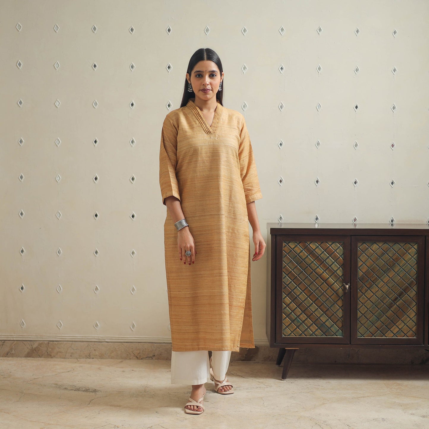 Beige Bhagalpuri Handwoven Desi Tussar Silk Plain Kurta for Women