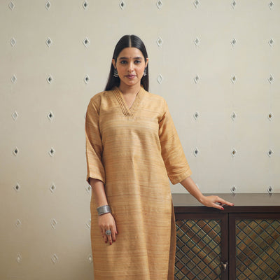 Beige Bhagalpuri Handwoven Desi Tussar Silk Plain Kurta for Women