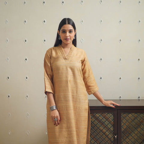 Beige Bhagalpuri Handwoven Desi Tussar Silk Plain Kurta for Women