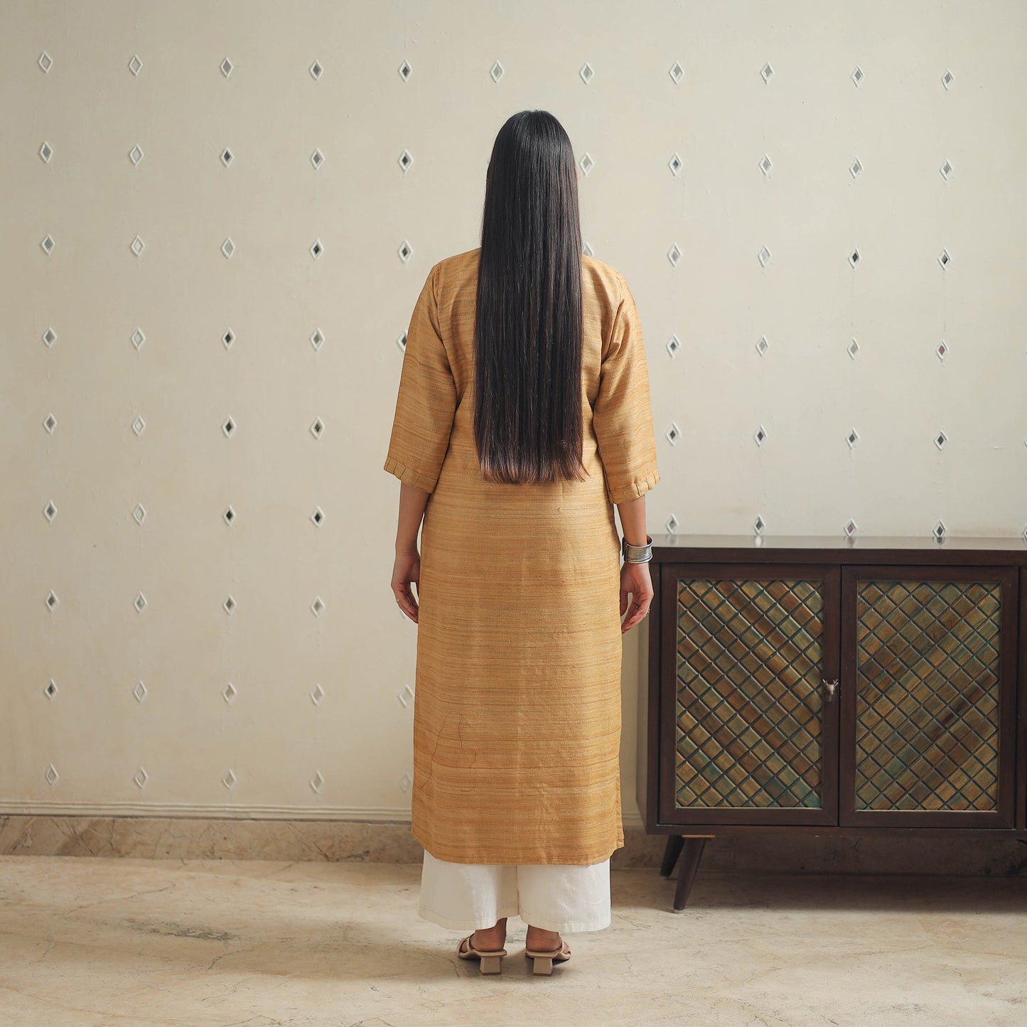 Beige Bhagalpuri Handwoven Desi Tussar Silk Plain Kurta for Women