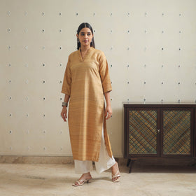 Beige Bhagalpuri Handwoven Desi Tussar Silk Plain Kurta for Women