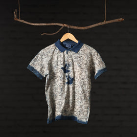  Beige Bindaas Natural Dyed Art Block Print Polo Collar T-shirt