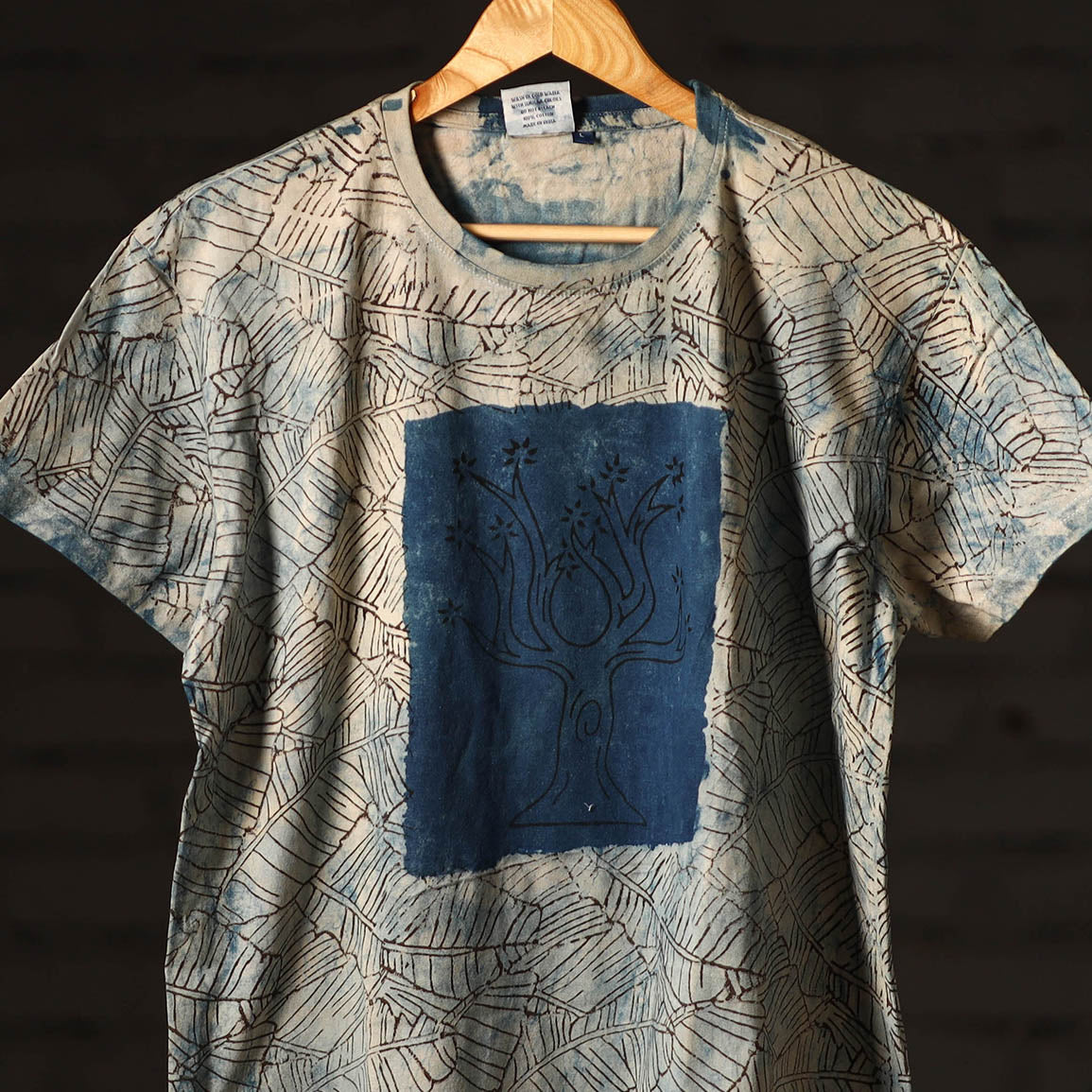  Beige Block Art Prints Natural Dyed Cotton Round Neck T-shirt 