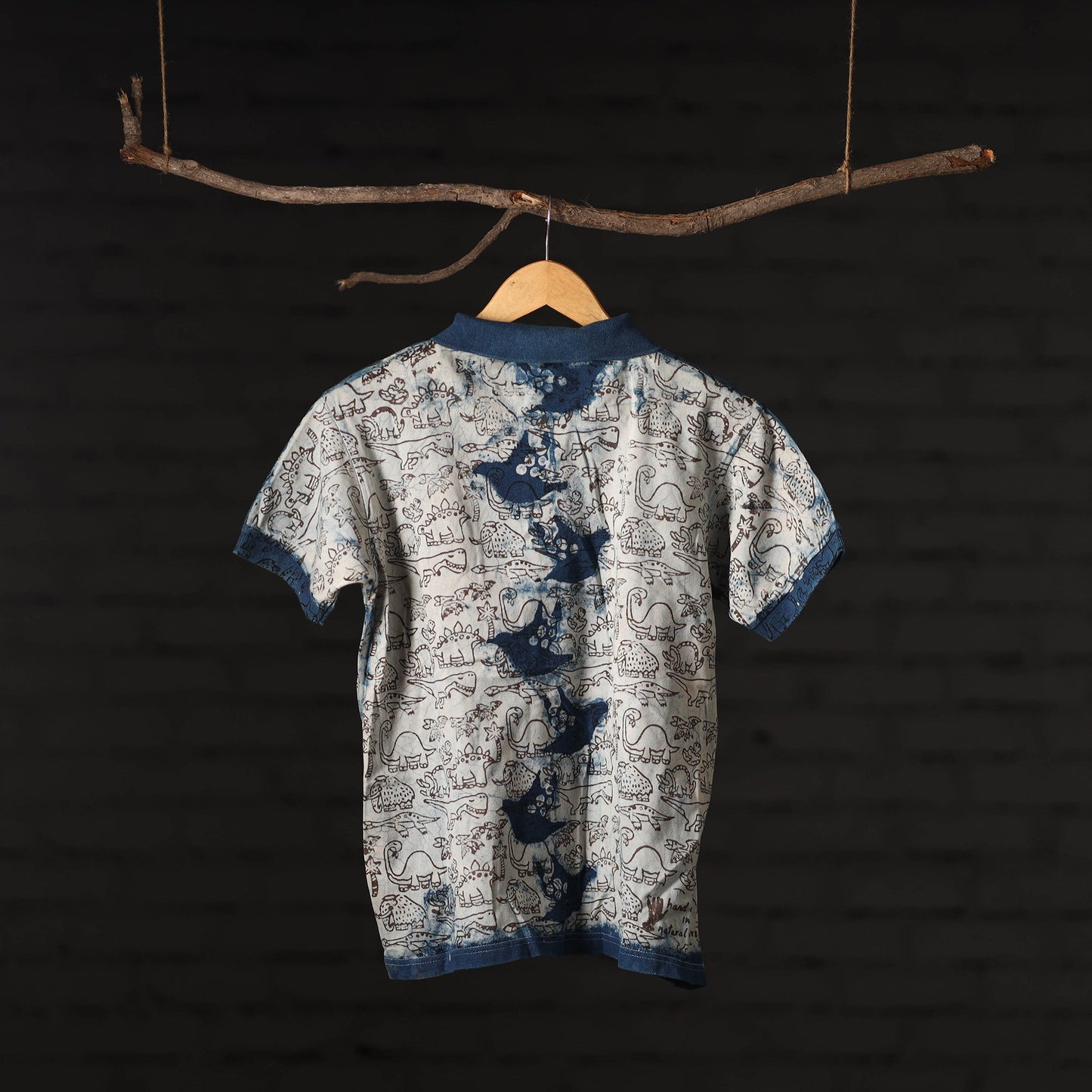  Beige Bindaas Natural Dyed Art Block Print Polo Collar T-shirt