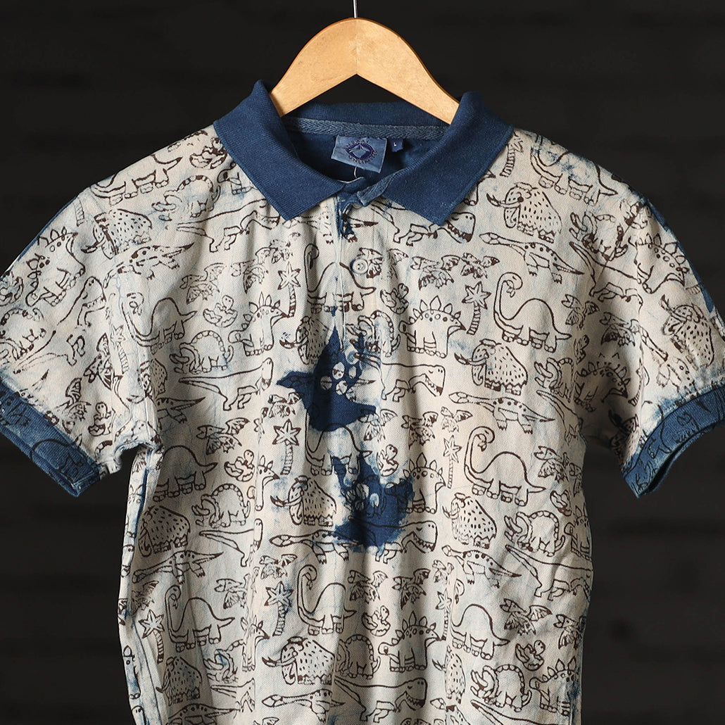  Beige Bindaas Natural Dyed Art Block Print Polo Collar T-shirt