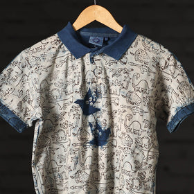  Beige Bindaas Natural Dyed Art Block Print Polo Collar T-shirt
