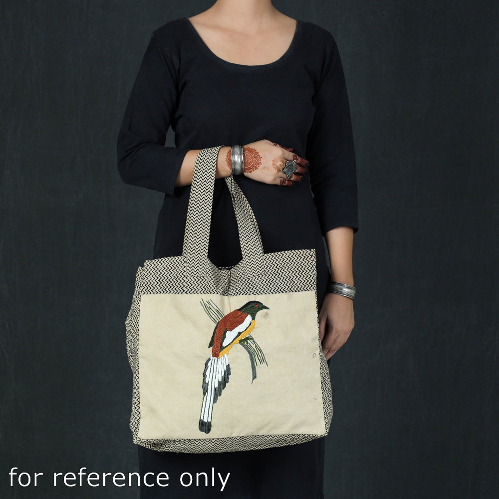 Beige Bird Hand Embroidered Cotton Hand Bag