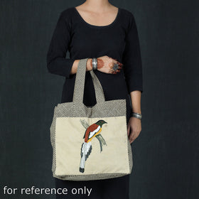 Beige Bird Hand Embroidered Cotton Hand Bag