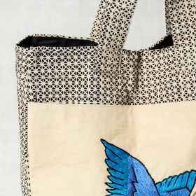 Beige Bird Hand Embroidered Cotton Hand Bag