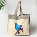 Beige Bird Hand Embroidered Cotton Hand Bag