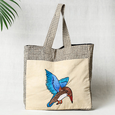 Beige Bird Hand Embroidered Cotton Hand Bag