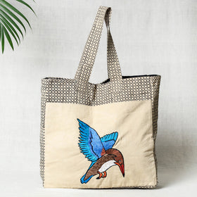Beige Bird Hand Embroidered Cotton Hand Bag