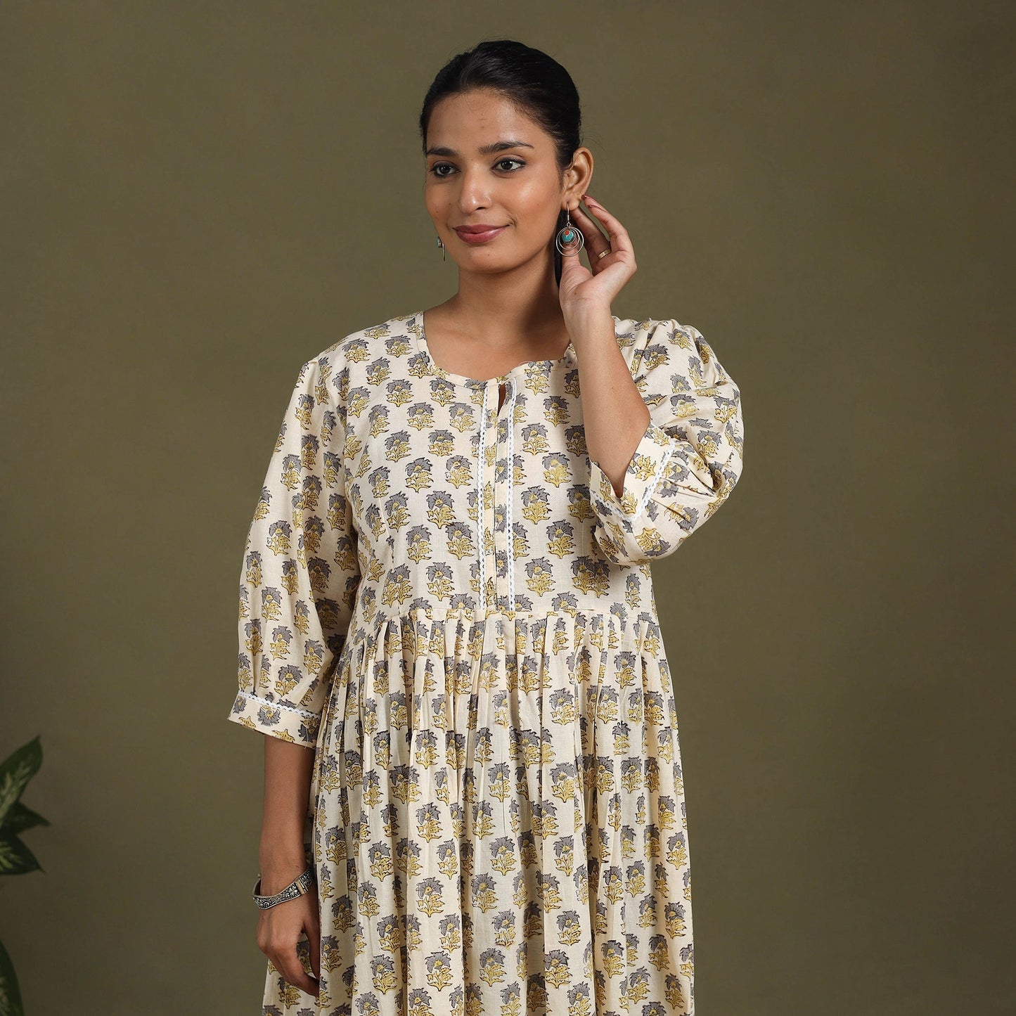 Beige Block Print Cotton Flared Sanganeri Dress