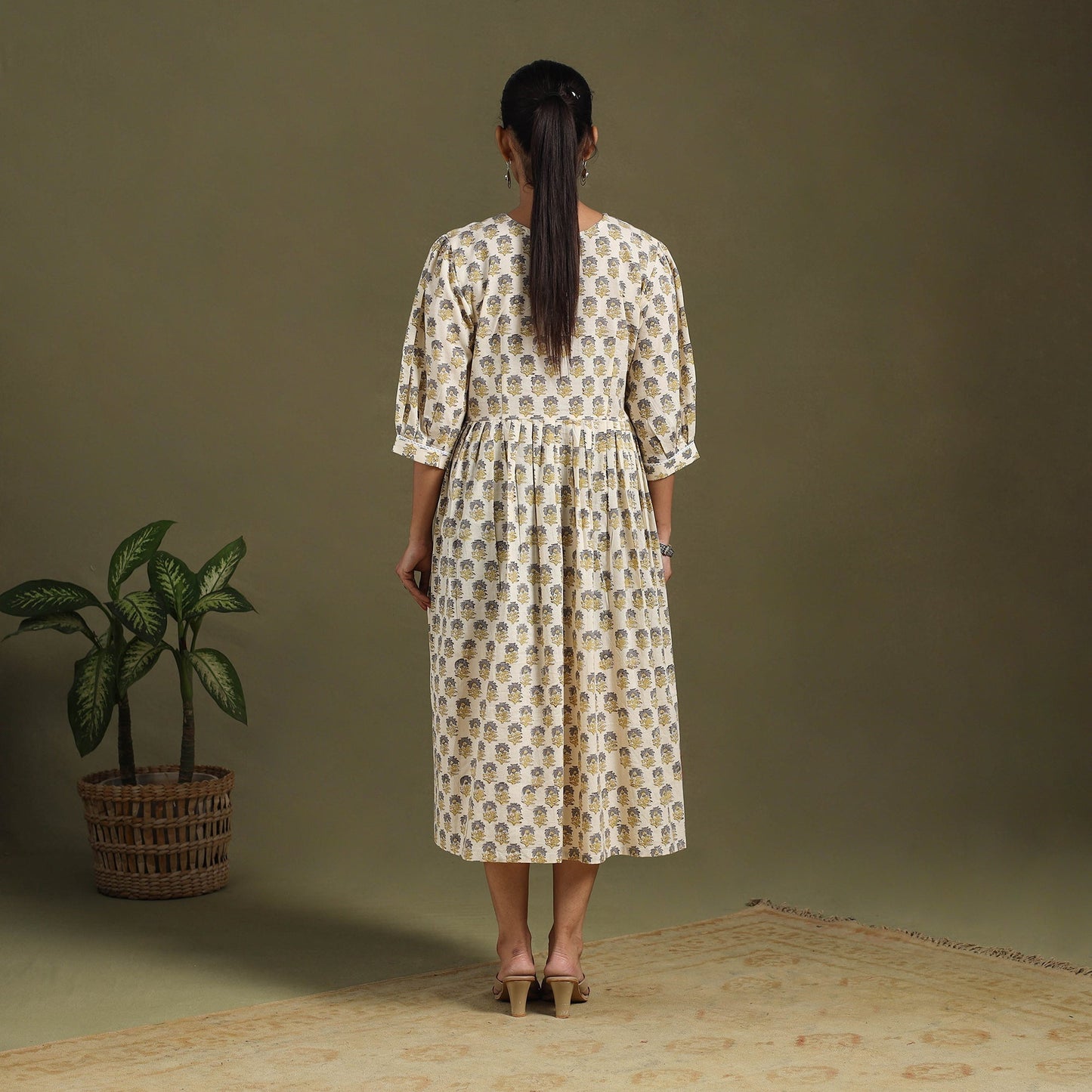 Beige Block Print Cotton Flared Sanganeri Dress