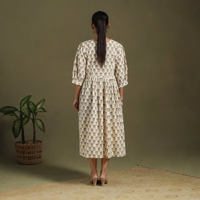 Beige Block Print Cotton Flared Sanganeri Dress