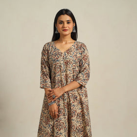  Beige Block Print Cotton A-Line Kalamkari Kurta For Women