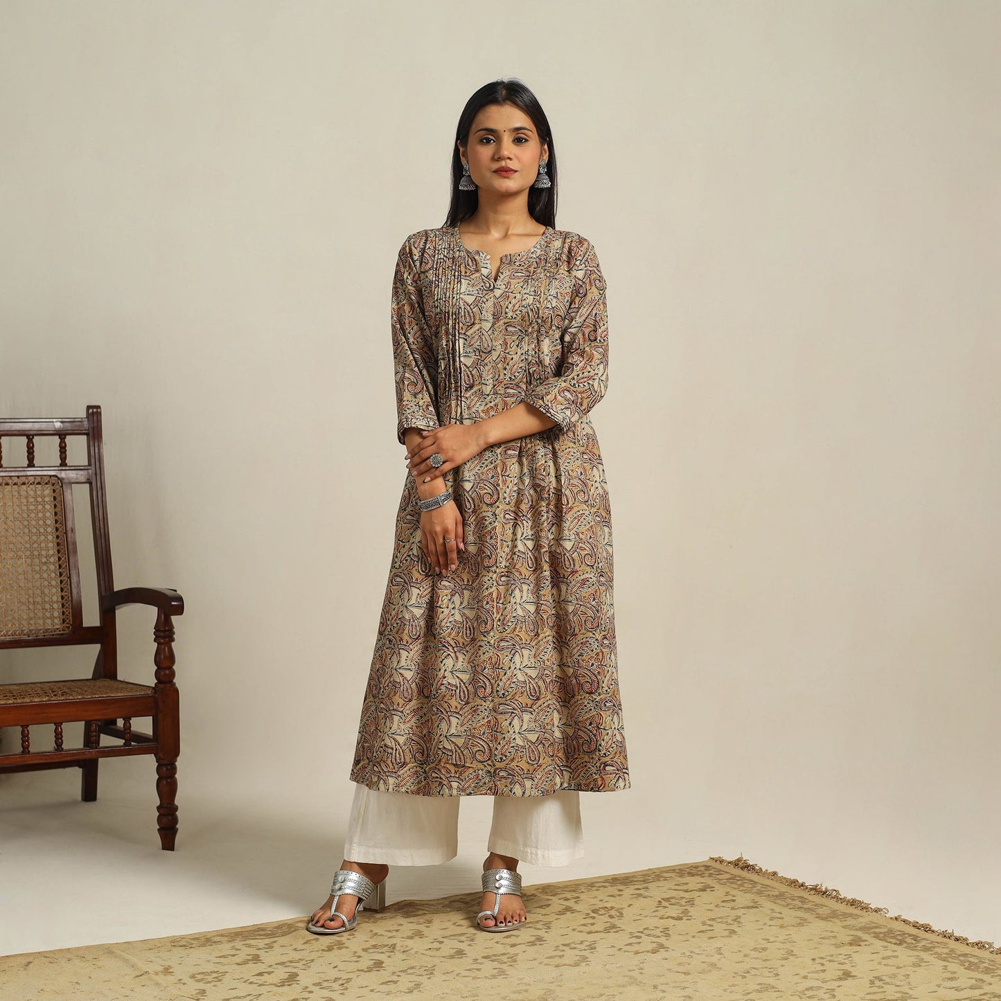  Beige Block Print Cotton A-Line Kalamkari Kurta For Women