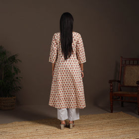 Beige - cotton a-line sanganeri kurta 01 - handcrafted